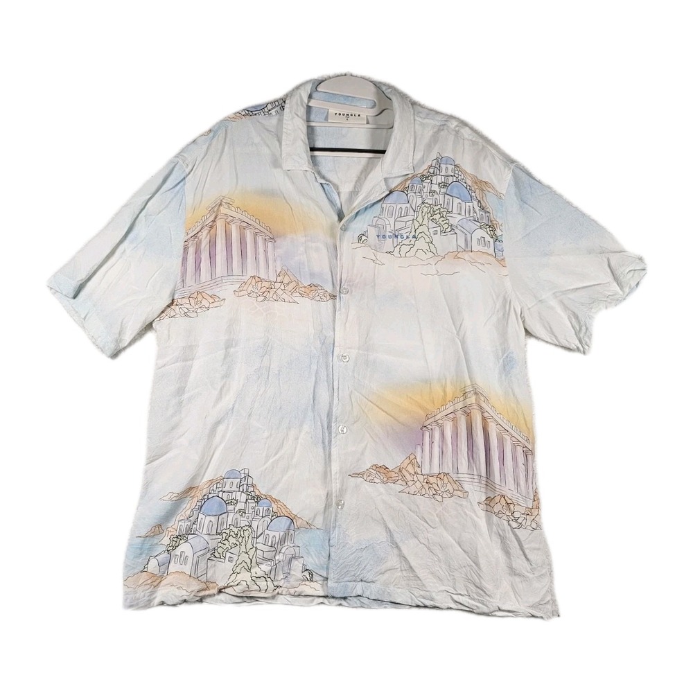 YoungLA 4107 Greek Island Santorini Button Up Shirt Mens Large Viscose‎ Resort